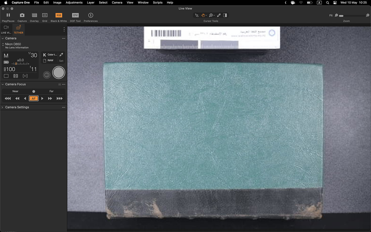 Manuscript positioned in Capture One Pro Live View at center of image